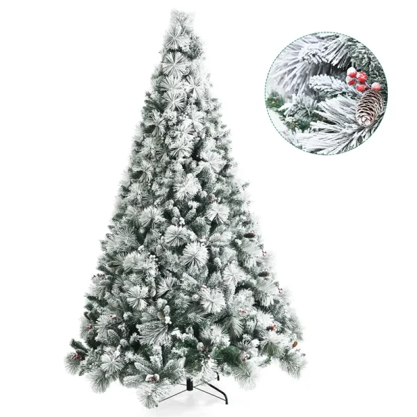 Costway CM23591 8ft Snow Flocked Artificial Christmas Tree Glitter Tips w/Pine Cone & Red Berries