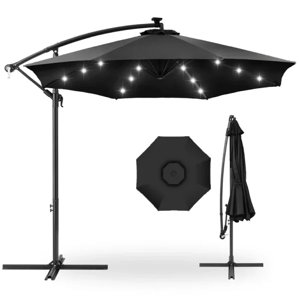 Best Choice Products 10ft Solar LED Offset Hanging Outdoor Market Patio Umbrella w/ Easy Tilt Adjustment - Black