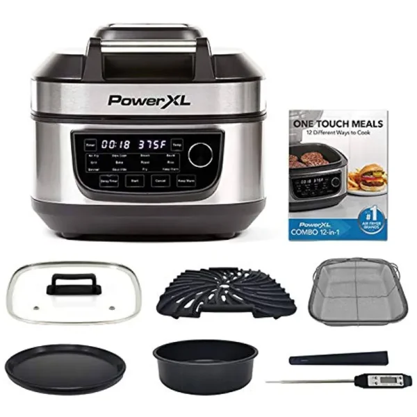 Powerxl Grill Air Fryer Combo Deluxe 6 Qt 12-In-1 Indoor Grill, Slow Cooker, Roast, Bake, 1550-Watts, Stainless Steel Finish