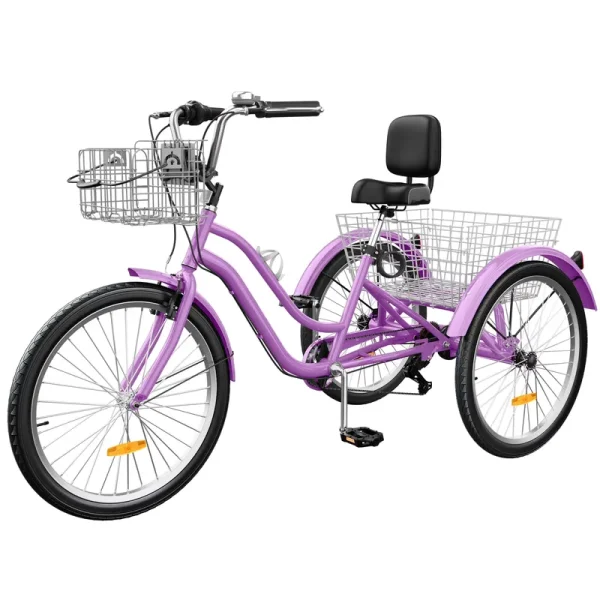 Dextrus 24 in 3 - Wheel Bike, Single Speed Adult Trike, Low Step - Through Cruiser with Front & Rear Baskets, Large Adjustable Seat with Backrest for Seniors, Men, and Women (Purple)