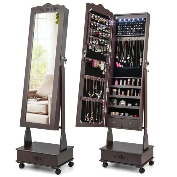 Standing Jewelry Armoire with Full-Length Mirror, Drawers, Lights & Wheels, Lockable Mirror Jewelry Cabinet Storage Organizer