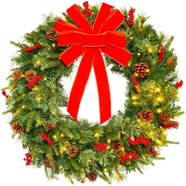Best Choice Products 30in Pre-Lit Battery Powered Christmas Wreath Decoration w/ 100 Lights, 276 PVC Tips, Ribbons