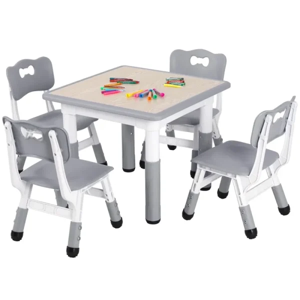 Arlopu 5 Pcs Kids Table and Chairs Set, Height Adjustable, Toddlers Activity Table & 4 Chairs Set for Study, Grey