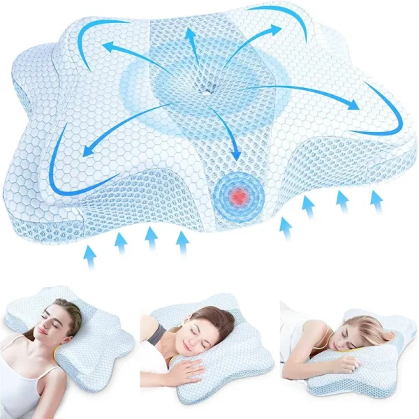 Diki Memory Pillow - Neck Support - Ergonomics - Anti Acarien - 23.6 x 15.7 x 5.1/3.9 Inches - Blue