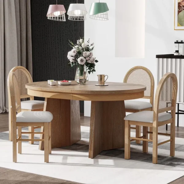 5 - Piece Extendable Dining Table Set for 4 People, Solid Wood Kitchen Table Set with 4 Upholstered Chairs and Rattan Backrests for Dining Room and Kitchen, Natural