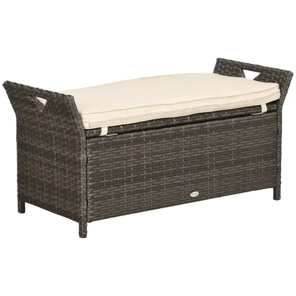DUOSONG Outsunny 27 Gallon Patio Wicker Storage Bench, Outdoor Pe Rattan Patio Furniture, 2 - in - 1 Large Capacity Rectangle Garden Storage Box with Handles and Cushion, Cream White Brown+White Steel