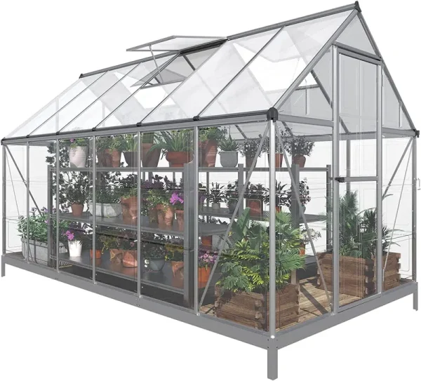 Papajet 6x12 ft Hybrid Polycarbonate Greenhouse with Lockable Hinged Door 2 Vent Window Walk-In Hobby Greenhouse Aluminum Hot House for Outdoor Garden