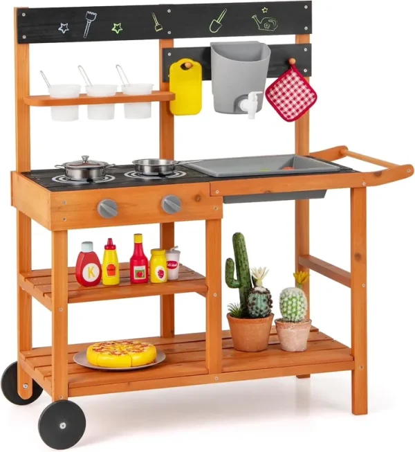 OLAKIDS Mud Kitchen, Outdoor Play Kitchen with Wheels 3 Cups Removable Sink Cooking Accessories Wooden Kids Kitchen Playset Backyard Garden Toys Gift for Boys Girls Ages 3+