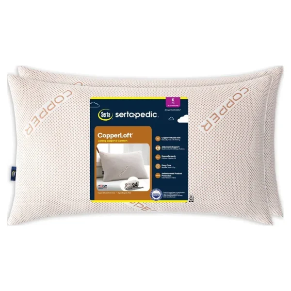 SertaPedic Copperloft Bed Pillow, King, 2 Pack, Beige