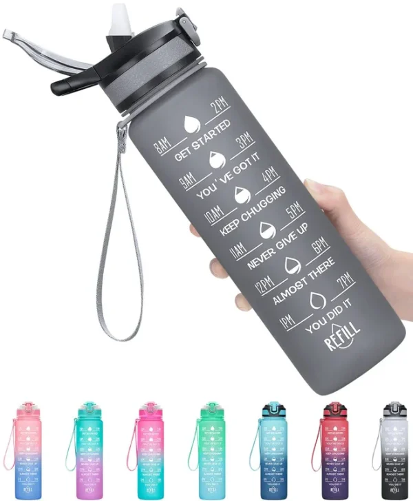 MEITAGIE 32oz Leakproof Motivational Sports Water Bottle with Straw & Time Marker, Flip Top Durable BPA Free Tritan Non-Toxic Frosted Bottle Perf