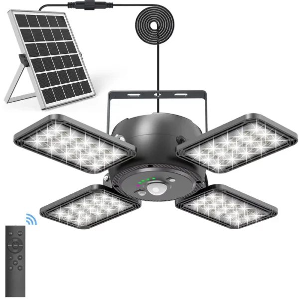 INXPHY Solar Shed Light Indoor Outdoor 1200lm 144led Pendant Light, Motion Sensor with Upgrade 5 Lighting Modes & Remote Control 4-Leaf 120��Adjustable