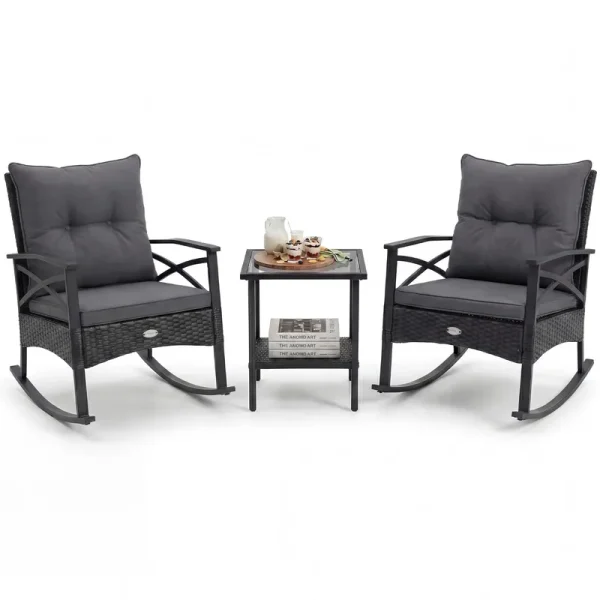 Tangkula 3 Pieces Outdoor Rocking Chairs Set Rattan Heavy Duty Cushioned Rocker Chairs