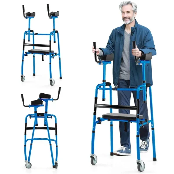 Aluminum Standard Folding Walker, 450LB All-Terrain Stand-Assist Walker with Seat, 5" Wheels & Adjustable Armrests, Lightweight for Seniors