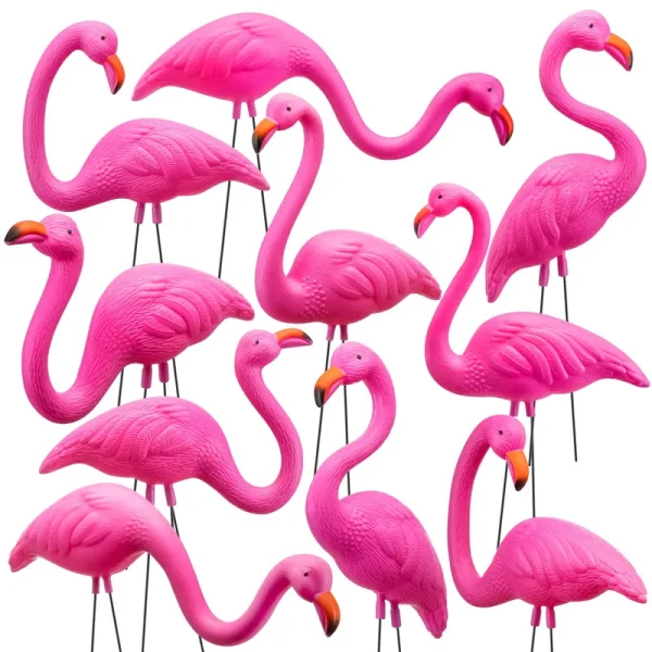 JOYIN 10 Pack Small Yard Flamingos Ornament Stakes, Mini Pink Flamingo Yard Decorations, Mini Lawn Plastic Flamingo Statue with Rubber Coating Metal