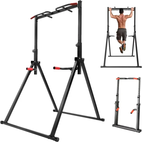 Power Tower Pull up Bar Station Foldable Pull up Rack Dip Station 5.74 - 7.55ft Height Adjustable Home Strength Training Fitness Workout Equipment, up to 440 lb (with Double Bars)