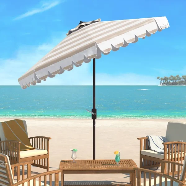 Maui Single Scallop Striped 9' Crank Auto Tilt Umbrella - Beige/White - Safavieh