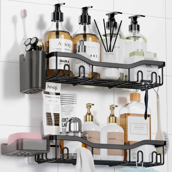 NESOMI Shower Caddy Adhesive Shower Shelves, Bathroom Organizer Shower Organizer Rack Black, Wall Shelf for Inside Shower Storage with Soap Holder