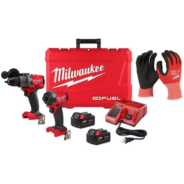 Milwaukee M18 18-Volt Cordless Fuel Brushless Hammer Drill & Impact Driver Combo Kit w/2 Batteries & XX-Large Nitrile Cut 1 Glove