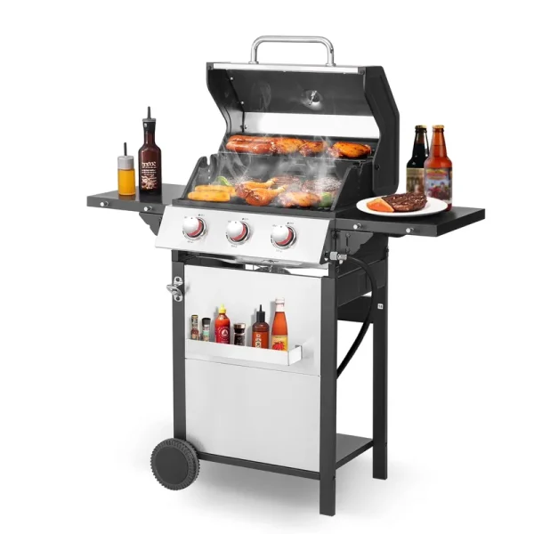 3 - Burner Propane Gas Grill with 2 Foldable Side Tables, 30, 000 BTU Outdoor BBQ Stainless Steel Grill with Porcelain - Enameled Cast Iron Grates and Thermometer, Easy Assembly for Patio, Backyard BBQ