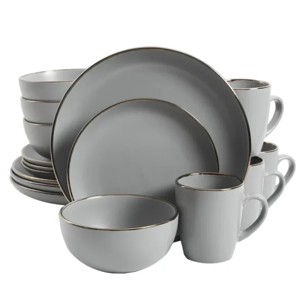 Gibson Home Rockaway Round Stoneware Dinnerware Set Service for 4 (16pcs) Grey/Gold Rim