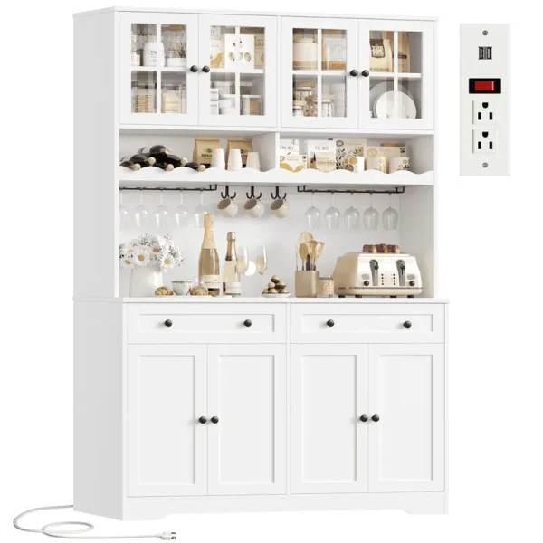 Hiphuta 75"tall Kitchen Pantry Storage Cabinet with Power Outlet, Large Pantry Cabinet with Microwave Stand, Modern Freestanding Cupboard Hutch for Home Dinning Room, White