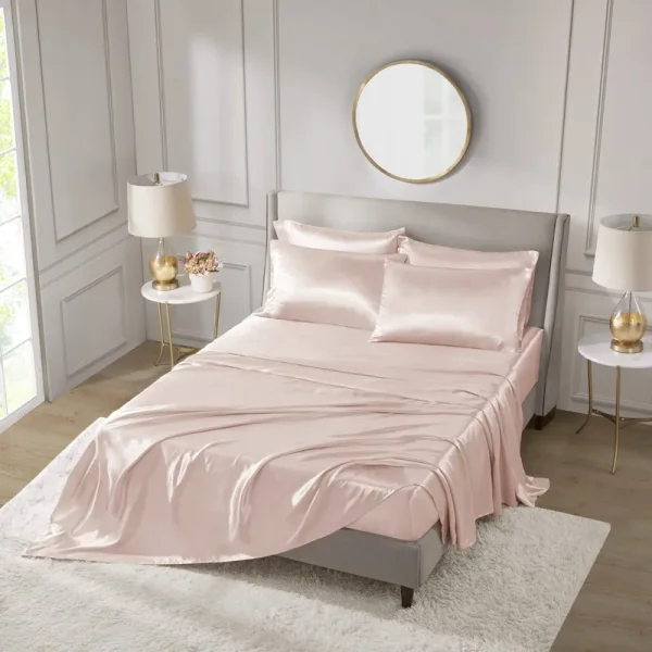 Madison Park Essentials - Satin Wrinkle-Free Luxurious 6-Piece Sheet Set - Blush - Full