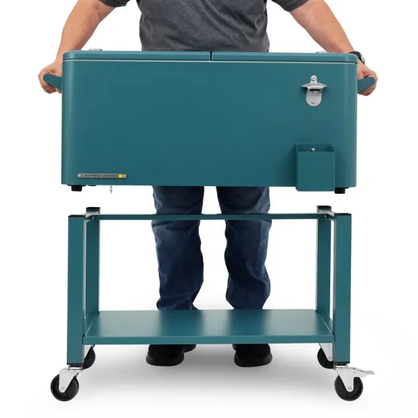 Permasteel 80 - Qt Outdoor Steel Patio Cooler with Removable Basin, Rolling Cooler with Wheels, Teal Green