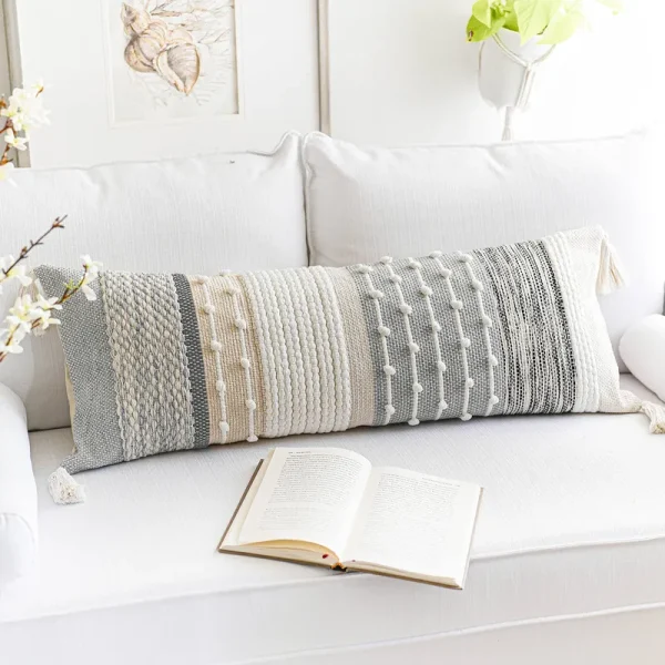 BlissBlush Gray Boho Lumbar Throw Pillow Cover 14x36 Grey Accent Long Body Lumbar Pillow for Bed Decorative Modern Bohemian Woven Textured Lumbar