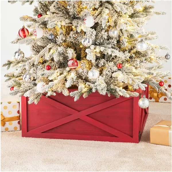 Glitzhome 26" L Red Wooden Tree Collar Tree Stand Cover Christmas Tree Skirt Tree Box
