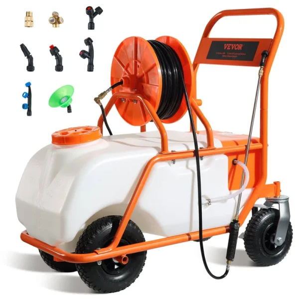 VEVOR Battery Powered Lawn Sprayer on Wheel, 0-90 PSI Adjustable Pressure, 15 Gallon Tank, Cart Sprayer with 8 Nozzles and 2 W
