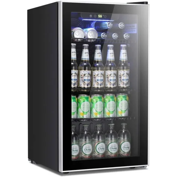 Beverage Refrigerator Cooler - 120 Can Mini Fridge Glass Door - 3.2Cu.Ft - Black