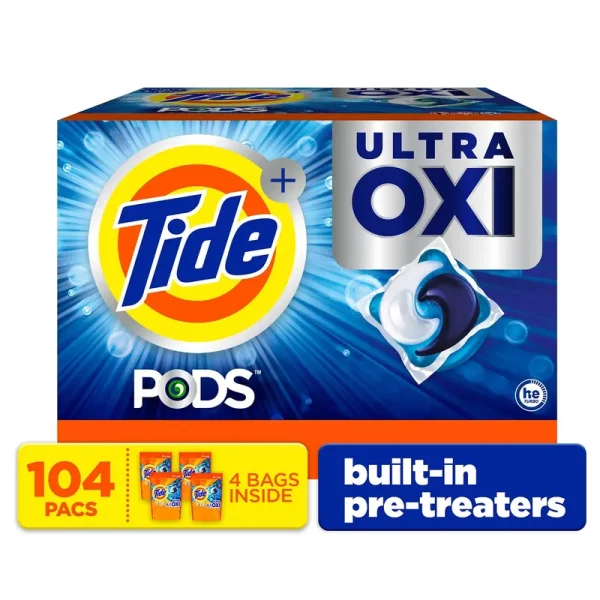 Tide Pods Liquid Detergent Pacs, 4-in-1 Ultra Oxi, 104 Ct.