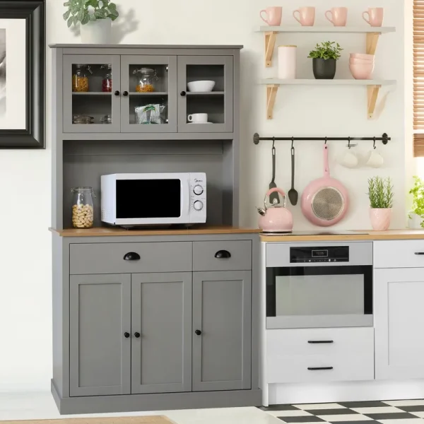 VEIKOUS 71'' Kitchen Pantry Hutch Cabinet, Pantry Storage Hutch W/Microwave Stand and Buffet Cupboard, Gray