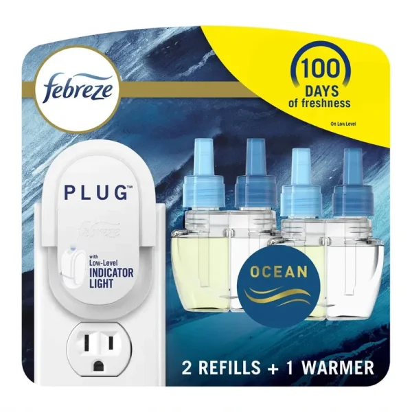 Febreze Plug in Air Fresheners for Home, Air Freshener Plug in, Wall Diffuser, Ocean Scent, Odor Fighter for Strong Odors, 1 Warmer + 2 Oil Refills