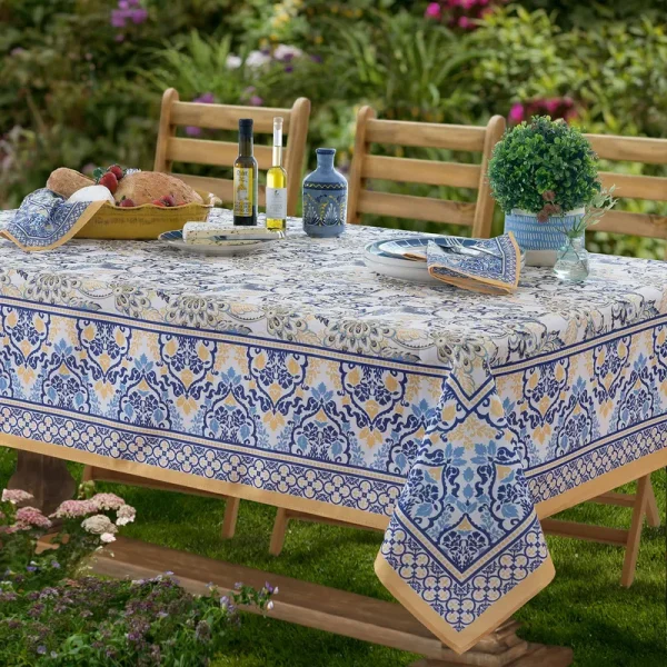 Home Bargains Plus Provence Allure Arabesque Yellow and Blue Floral Bordered Country French Fabric Tablecloth, Indoor Outdoor, S