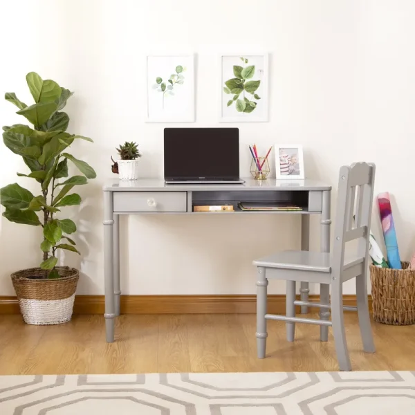 Guidecraft Dahlia Kids Desk and Chair Set - Gray: Wooden Study Table with Storage Drawer and Chair Set for Girls | Kids Bedroom Desk Set
