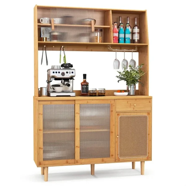 69" Tall Bamboo Kitchen Pantry Hutch Cabinet, Freestanding Buffet Sideboard with Rattan Door, Wine Storage & Microwave Countertop for Coffee Bar