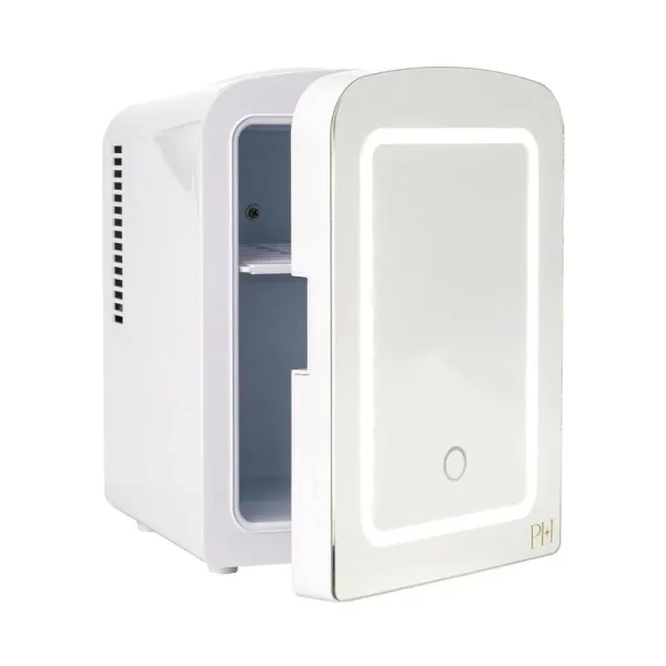 Paris Hilton Mini Refrigerator and Personal Beauty Fridge, Mirrored Door with Dimmable LED Light, Thermoelectric Cooling and Warming Function for