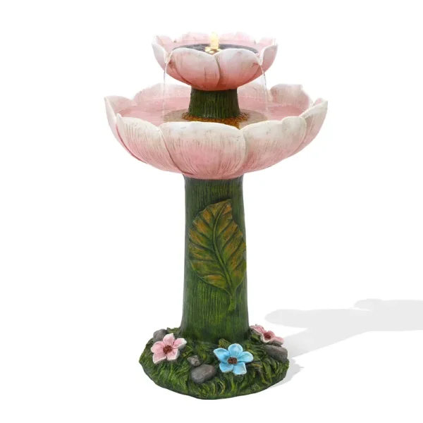 Luxenhome Solar Powered Pink Flower 2 - Tier Resin Birdbath Fountain with Lights