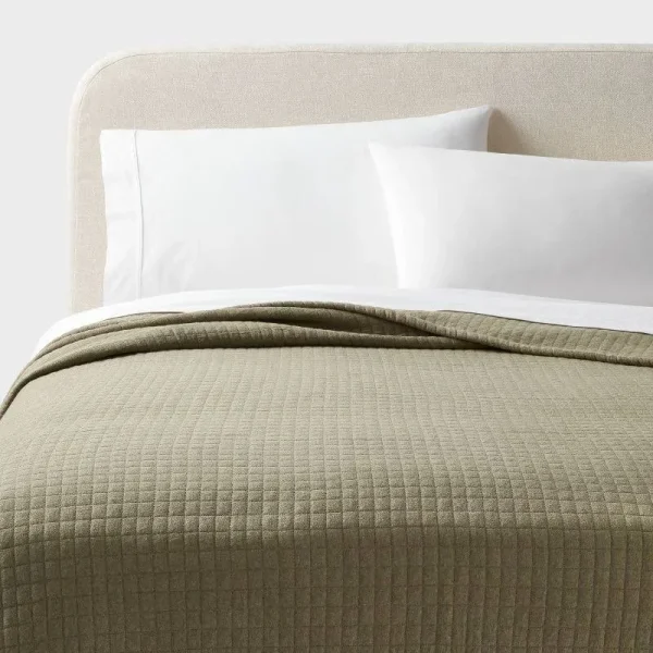 Full/Queen Modern Jersey Quilt Dark Olive Green Heather - Threshold