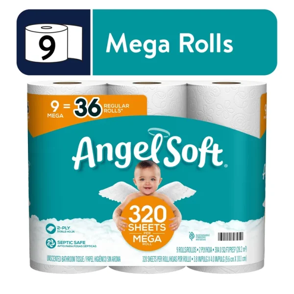 Angel Soft Bathroom Tissue, Unscented, Mega Roll, 2 Ply - 9 rolls
