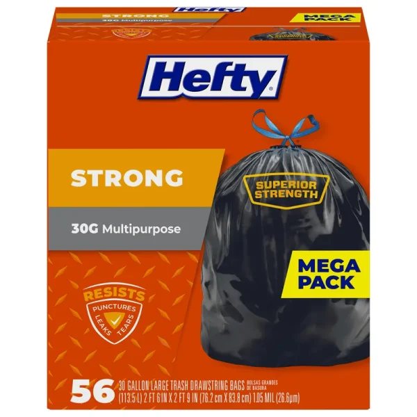 Hefty Drawstring Extra Strong Trash Bags, 30 Gallon - 56 count