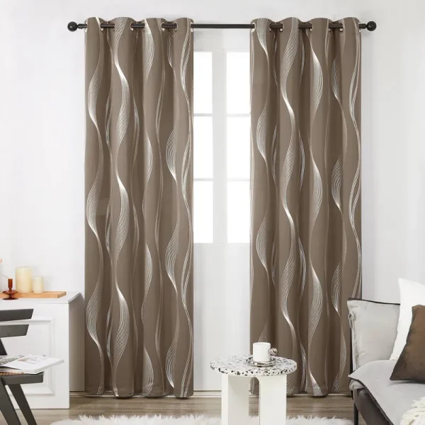 Deconovo Blackout Curtains, Wave Foil Print Room Darkening Thermal Insulated Grommet Window Curtains for Kids Room, 52 by 63 inch, 2 Panels, Khaki