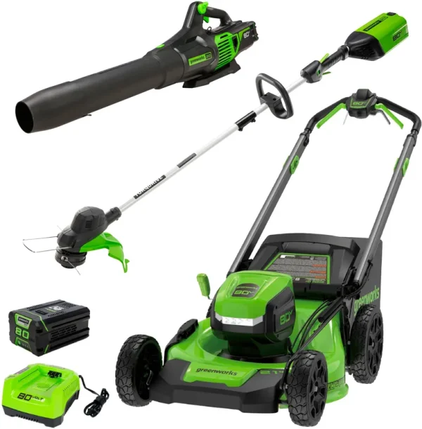 Greenworks - 80V 21�� Lawn Mower, 13�� String Trimmer, and 730 Leaf Blower Combo with 4 Ah Battery & Charger) 3-Piece Combo - Green