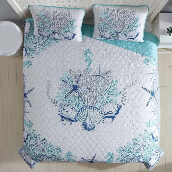 Caribbean Joe 3-Piece Coastal Quilt Set, Blue, Full/Queen