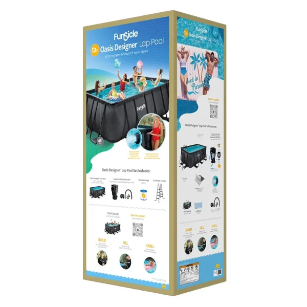 Funsicle: Oasis Designer Lap Pool - 13ft Above Ground Pool Set, Durable 3 - Ply, Powerful Filtration System, Surestep Ladder, 13'X7'X48", for 6 - 7 People