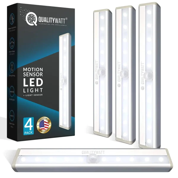 QualityWatt LED Motion Sensor Light Indoor [4-pack] ÿ Battery LED Lights ÿ Motion Sensor Closet Lights, Under Cabinet Lights, Night Light, Wall