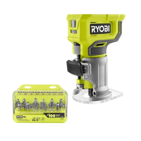 Ryobi One+ 18V Cordless Compact Fixed Base Router (Tool Only) with Shank Carbide Router Bit Set (15-Piece)