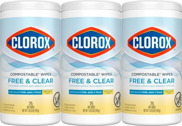 Clorox Compostable Cleaning Wipes - All Purpose Wipes - Simply Lemon, 75 Count (Pack of 3), White