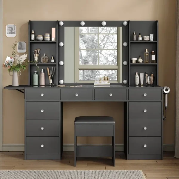 Yanosaku Vanity with Power Outlet, Vanity Desk with Mirror and 10 LED Lights, 10 Drawers Makeup Vanity with 6 Shelves, Fold - up Panel, Vanity Table with Chair for Bedroom